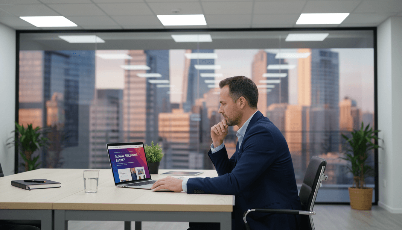 Service business owner reviewing modern website design mockup on laptop