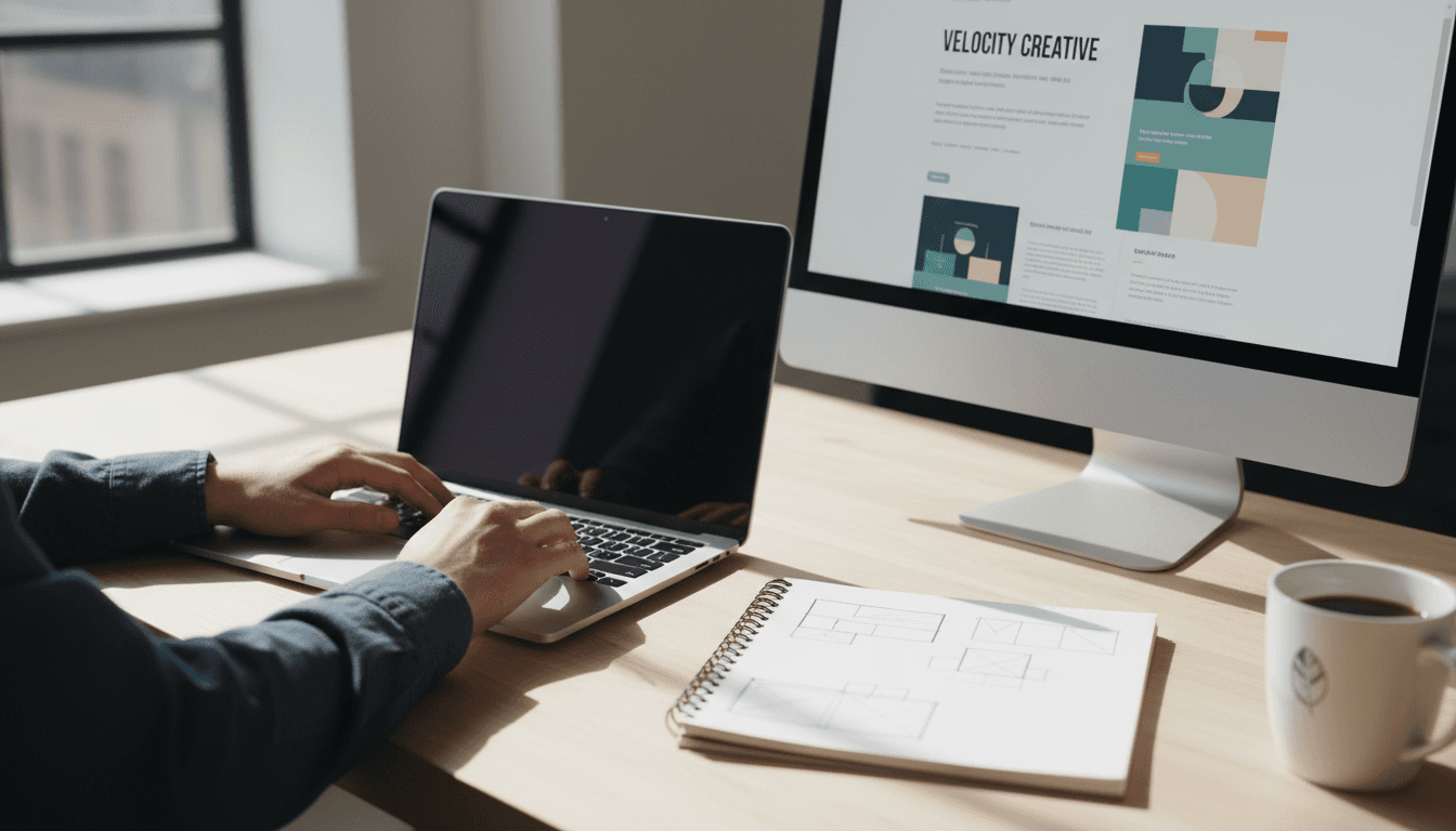 Professional designer working on website at clean modern office desk