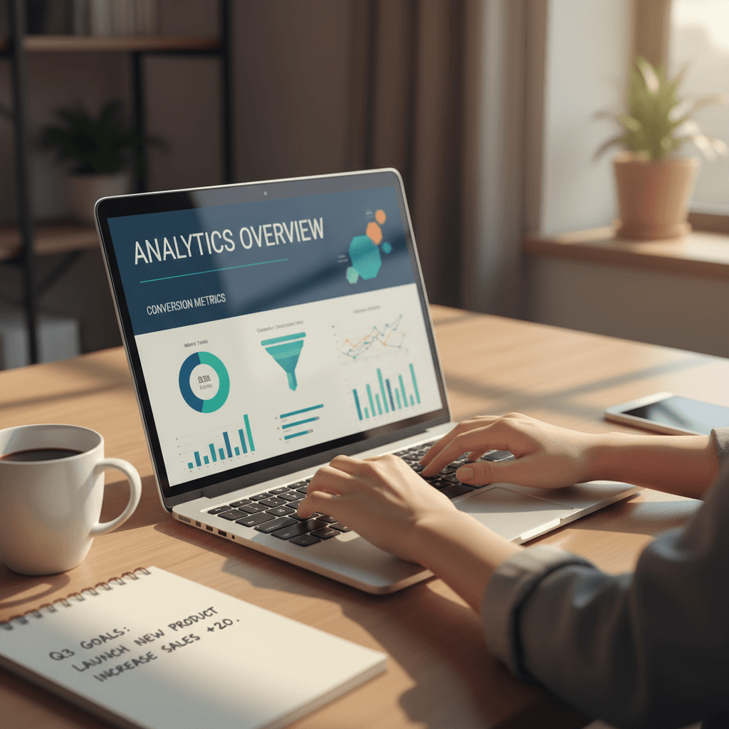 Small business owner reviewing website performance on laptop