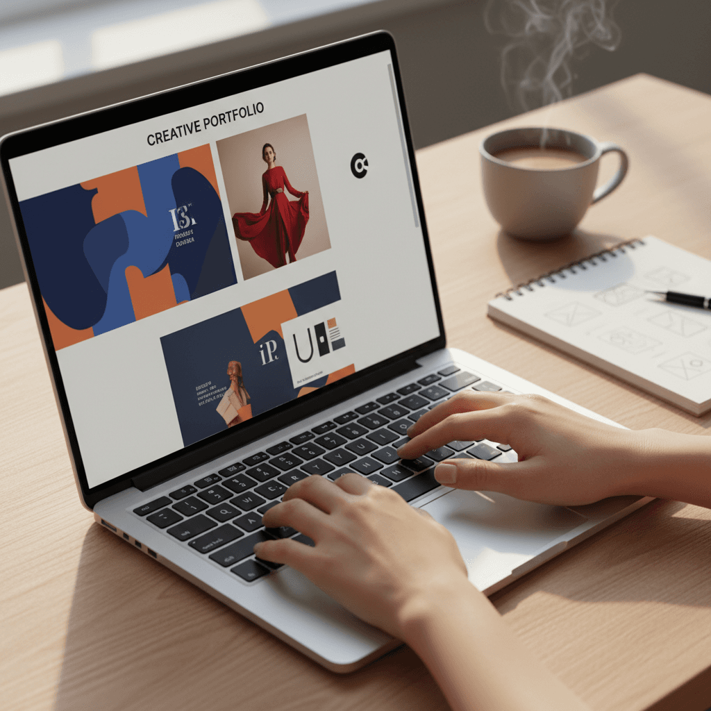 Digital marketer working on a website design at a modern desktop workspace with multiple screens