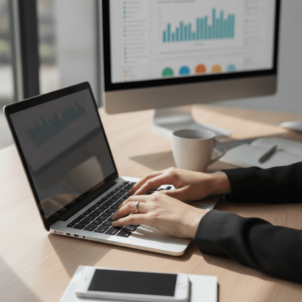 Professional business owner working at desk in modern office with laptop and clear workspace